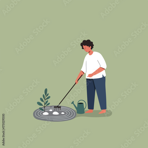 Person raking a zen garden with a watering can nearby (1)