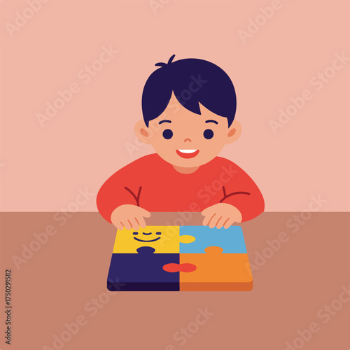 Smiling boy assembling colorful puzzle pieces