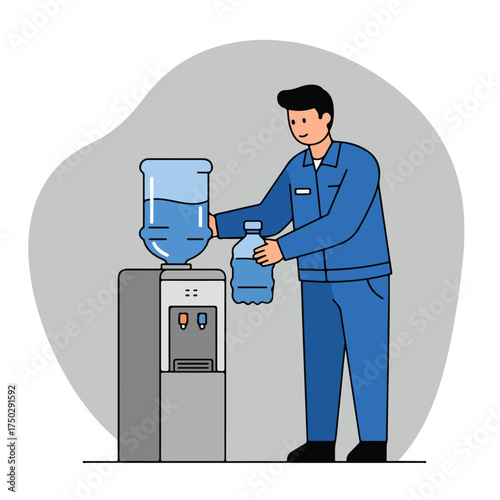 Man in blue uniform replacing water bottle on cooler
