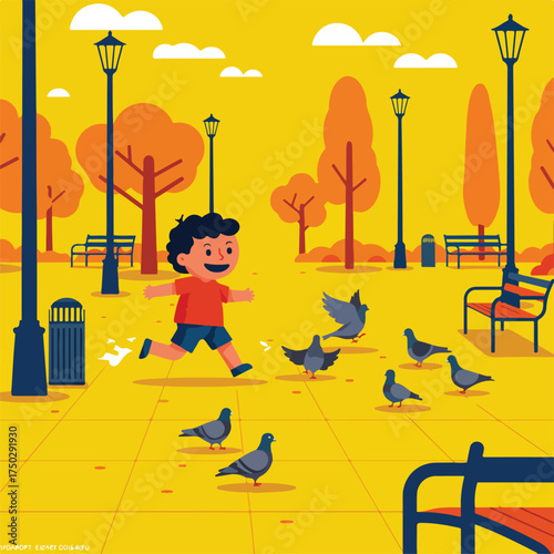 Young boy chases pigeons in a park with stylized autumn trees and lampposts