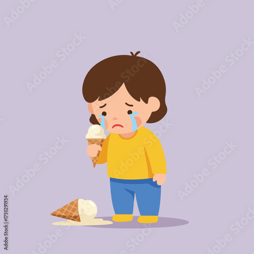Sad child with fallen ice cream, crying