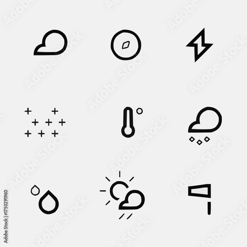 Minimalist weather forecast icons for app or website design, featuring sun, rain, temperature, wind, and clouds, perfect for a modern, clean interface