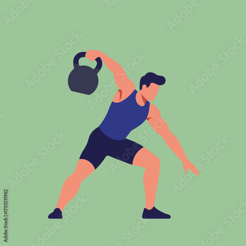 A stylized figure performs a kettlebell swing in a dynamic pose