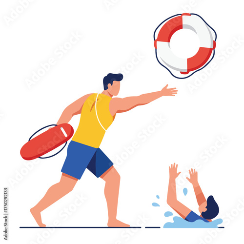 Lifeguard to rescue, reaching out with buoyant ring to swimmer in distress