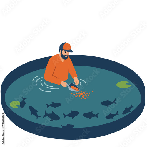 Bearded man in a hat feeds fish in a circular pond with lily pads
