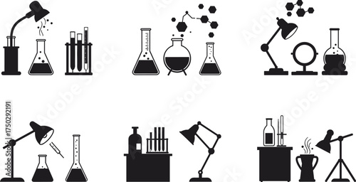 Black and white laboratory illustrations, science experiment icons, chemistry equipment, flasks and test tubes, distillation setup, research symbols, education design, vector art