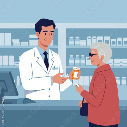 Pharmacist in white coat hands medication to elderly woman at counter