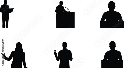 Black silhouette speaker illustrations, public speaking icons, podium microphone, business presentation, conference discussion, professional communication, education lecture