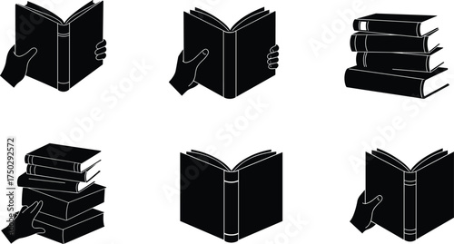 Book silhouette icons, hands holding books, open and closed book illustrations, reading concept, education design, literature, knowledge, library art