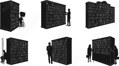 Bookshelf silhouettes, people reading, library scene, ladder reaching books, study room illustration, literature collection, knowledge, education, academic research, learning concept