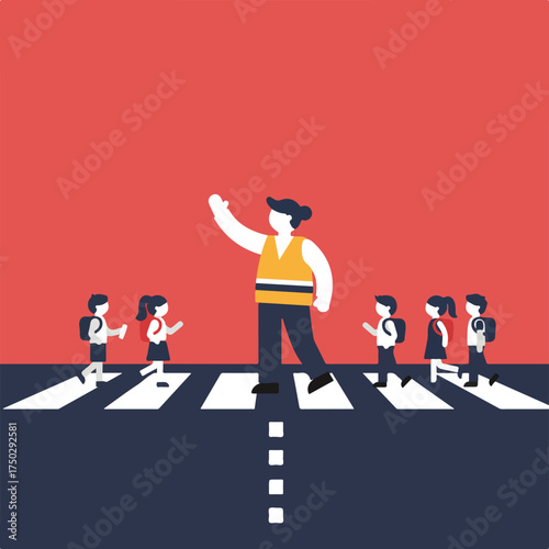 Crossing guard helps children with backpacks cross the street