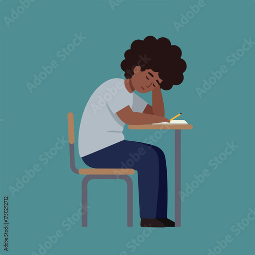 Tired student rests head on hand while writing at desk