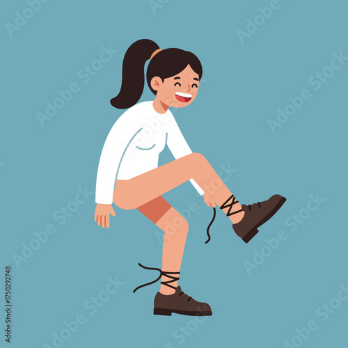 Animated woman tying shoelaces on brown shoes
