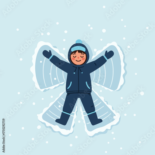 Child in snowsuit lies in snow making a snow angel