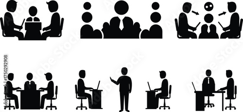 Business meeting silhouettes, office teamwork icons, corporate discussion vector, professional consultation, workplace collaboration, digital work design, seminar illustration, business communication