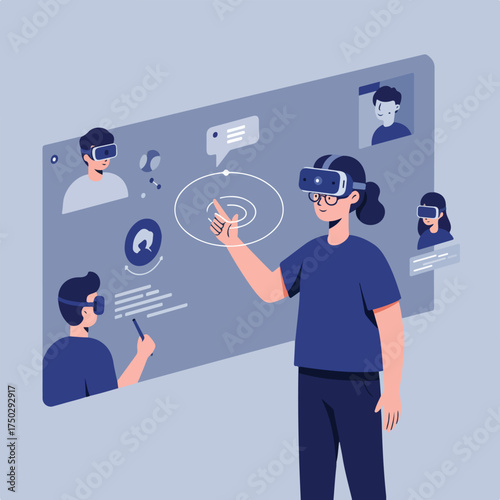 People interacting in virtual reality with digital interfaces