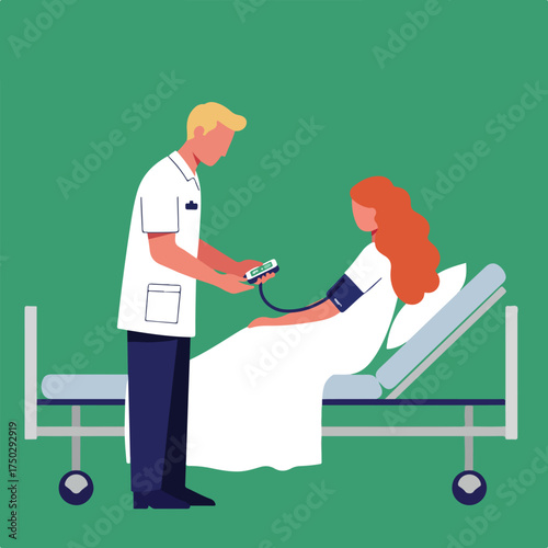 A healthcare worker checks a patient's blood pressure on a hospital bed