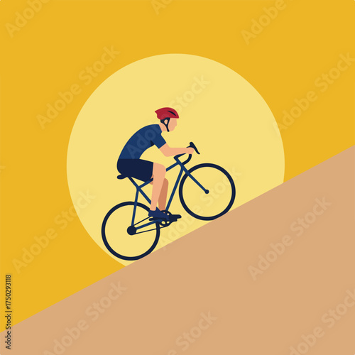 Cyclist climbs a hill against a large yellow circle background