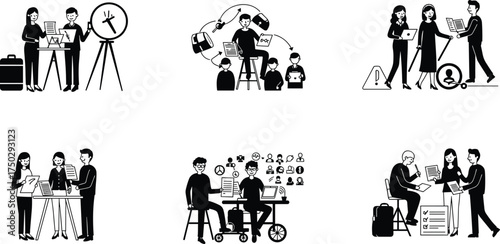 Business silhouettes, teamwork collaboration, office meeting, presentation board, laptop discussion, data security, inclusive workplace, project planning
