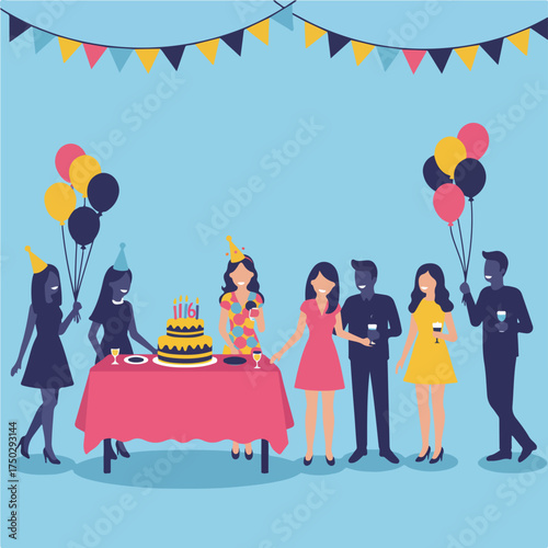 Diverse group celebrates a birthday with cake, balloons, and drinks