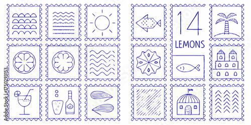 Collection of hand drawn blue line art illustrations on white background featuring summer vacation and food themes