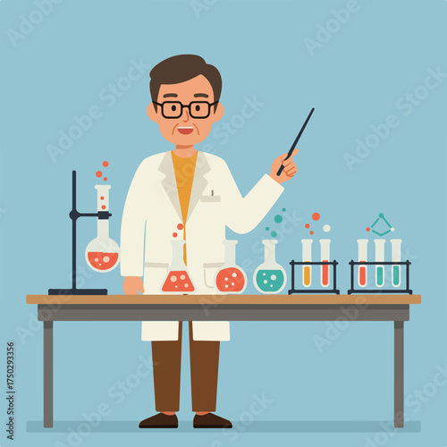 Scientist in lab coat points with stick at beakers and test tubes with liquids