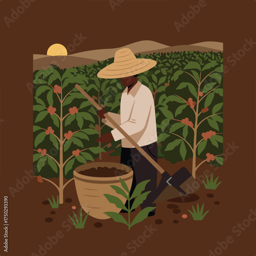 A person in a straw hat tends to coffee plants at sunrise on a farm