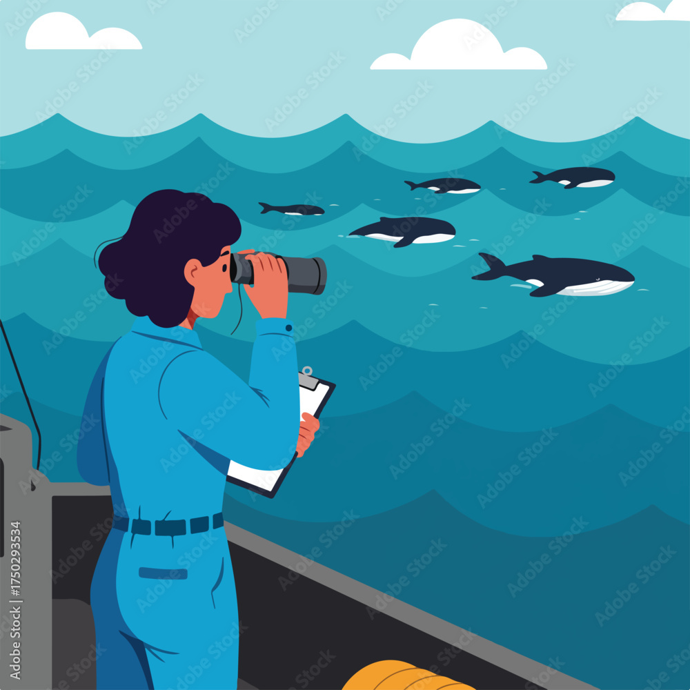 Obraz premium Researcher observes whales from a boat, using binoculars and a clipboard