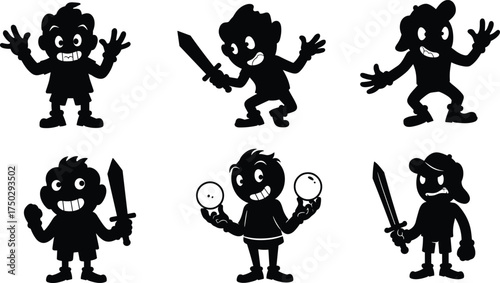 Cartoon silhouettes, expressive characters, funny poses, sword action, smiling faces, angry expression, playful illustration, comic style, dynamic emotion vector