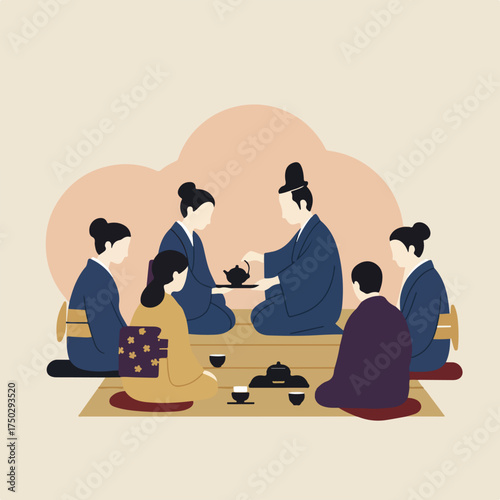 People in traditional attire gather for a serene tea ceremony