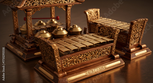 Close-up of traditional Javanese gamelan instruments with golden tones and warm lighting. Represents the richness of Indonesian culture, classical music heritage, and traditional craftsmanship.