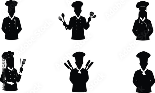 Chef silhouettes collection, culinary professional icons, cooking utensil design, restaurant kitchen illustration, gastronomy concept artwork, food preparation posture, culinary art figures
