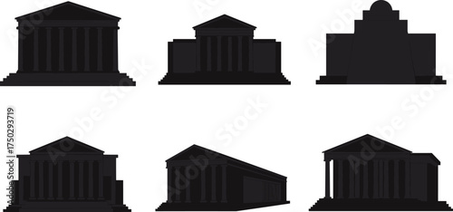 Classical building silhouettes, Greek temple, Roman architecture, ancient monument, historic heritage, column structure, cultural landmark, traditional design, archaeology, vector illustration