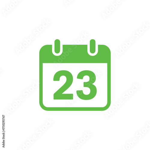 Green Calendar Icon with Day 23 Isolated on White Background