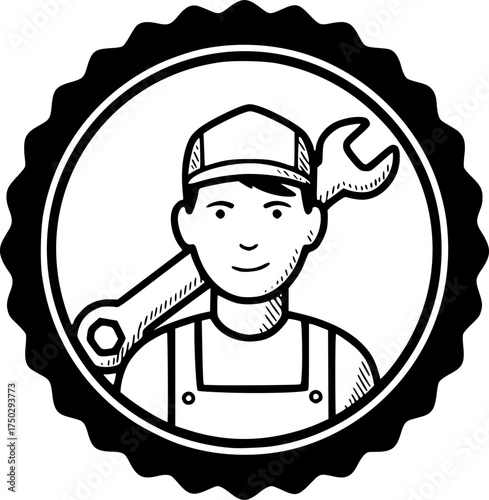 technician with wrench badge on transparent background for web and graphic design
