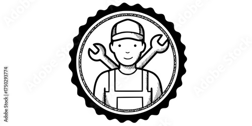 technician with wrench badge on transparent background for web and graphic design
