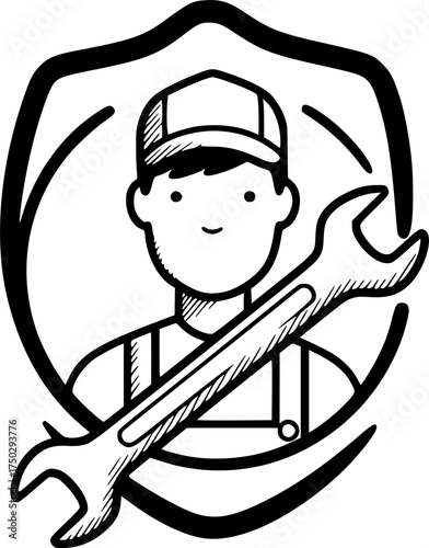 technician with wrench badge on transparent background for web and graphic design
