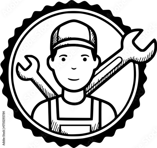 technician with wrench badge on transparent background for web and graphic design
