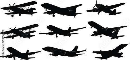 Silhouette of various airplanes in flight, commercial and military aircraft collection, aviation design, air travel, transportation, and flight technology illustration
