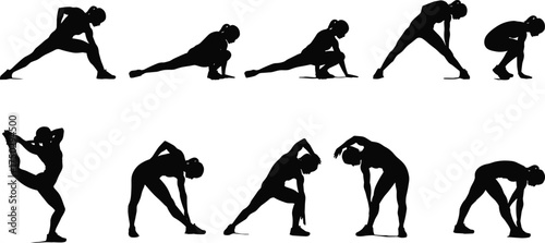 Silhouette of woman stretching body in various fitness poses, yoga exercise positions, flexibility training, and healthy lifestyle workout routine illustration