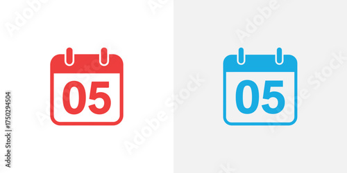 Red and Blue Calendar Icons Showing Day 5, Isolated on White Background