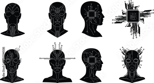 Cybernetic head silhouettes, artificial intelligence icons, human machine integration, digital brain design, circuit technology, futuristic AI, transhumanism concept, tech vector illustration