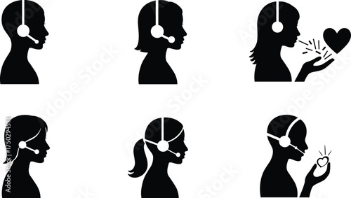 Customer support silhouette icons, people with headsets, call center agents, empathy communication, online chat, service care, profile diversity, modern business illustration
