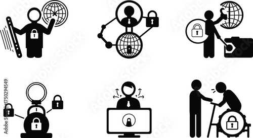 Cybersecurity silhouette icons, secure data protection, global network, padlock security, online identity, safe communication, digital privacy, information technology illustration