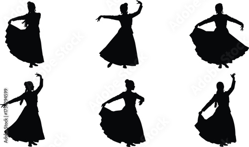 Dance silhouette icons, traditional dancer poses, flowing skirt movement, cultural performance, graceful choreography, artistic expression, stage art, classical dance illustration