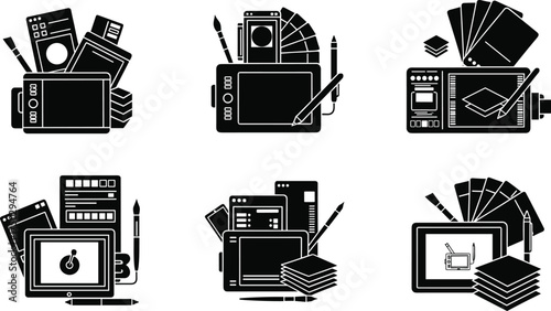 Digital art silhouette icons, graphic design tools, drawing tablet, stylus, color palette, creative workspace, illustration software, design technology illustration