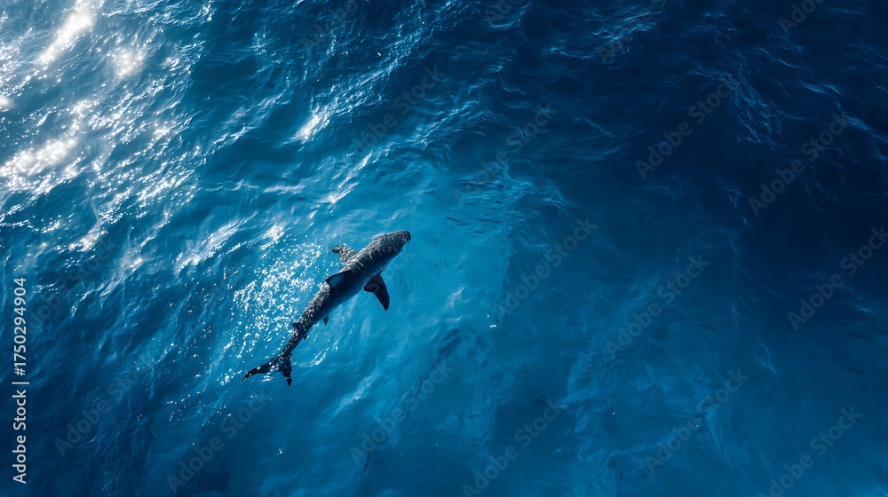 Fototapeta premium Realistic aerial photo of a shark swimming in the deep blue ocean, with sunlight