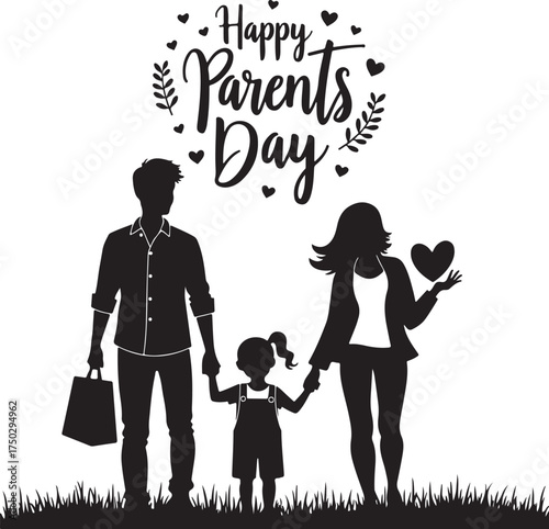 Black silhouette family holding hands on grass with text