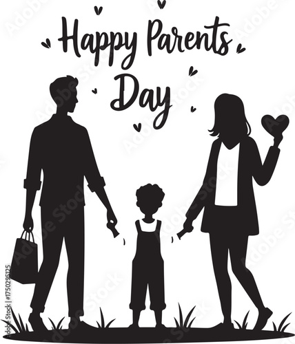 Black silhouette family holding hands with happy parents day text