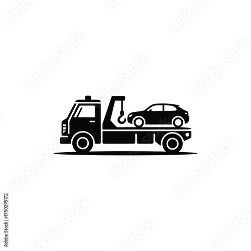 Tow Truck Transporting Car Silhouette on Transparent Background Simple Icon Design